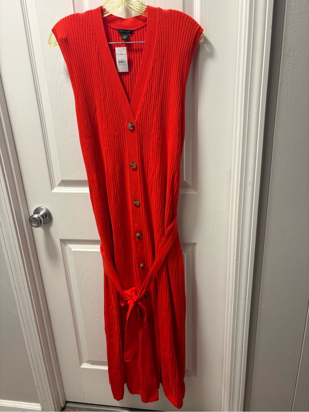 Ann Taylor Bright Red Ribbed Button-Front Maxi Dress